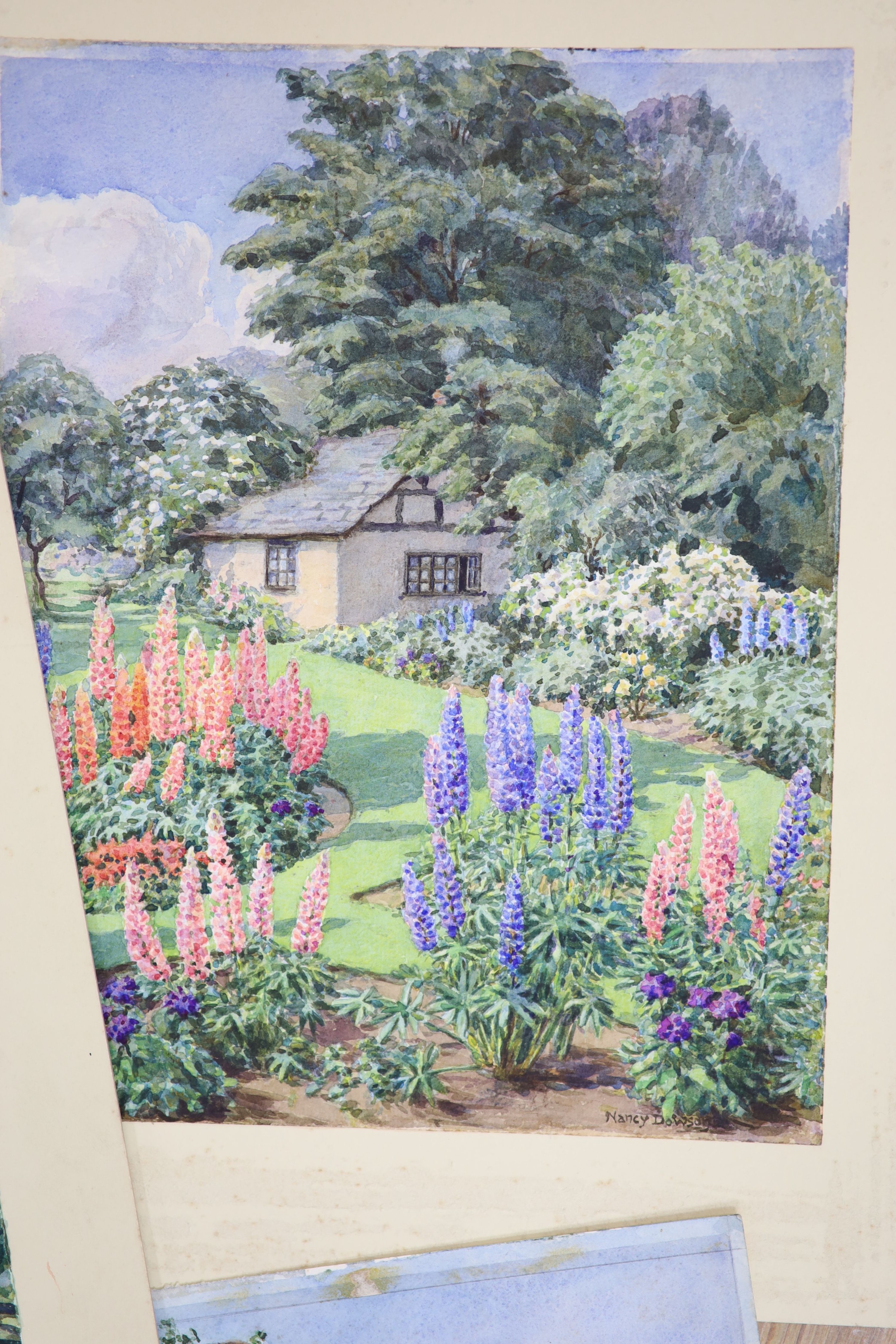 Howard Neville Walford (1864-1950), two cottage garden scenes and three similar watercolours by Nancy Dowson